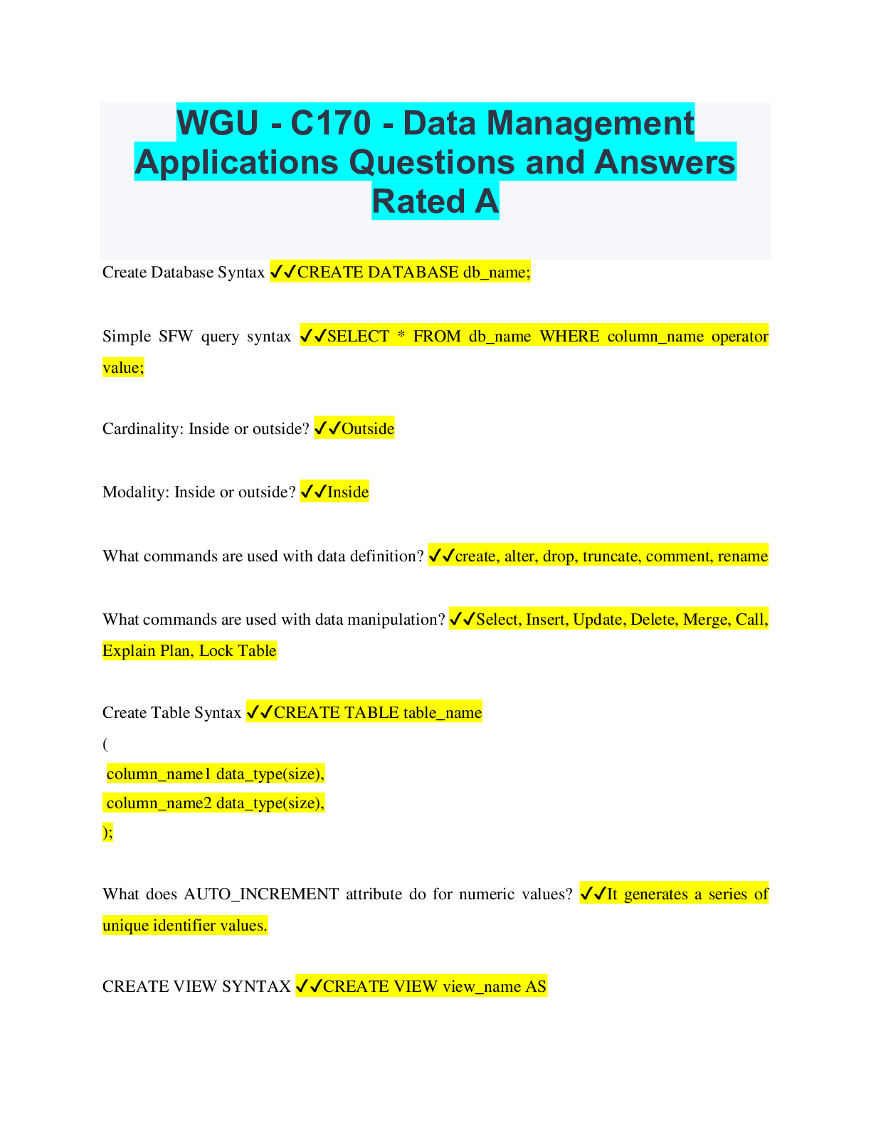 Preview of WGU - C170 - Data Management Applications Questions and Answers Rated A